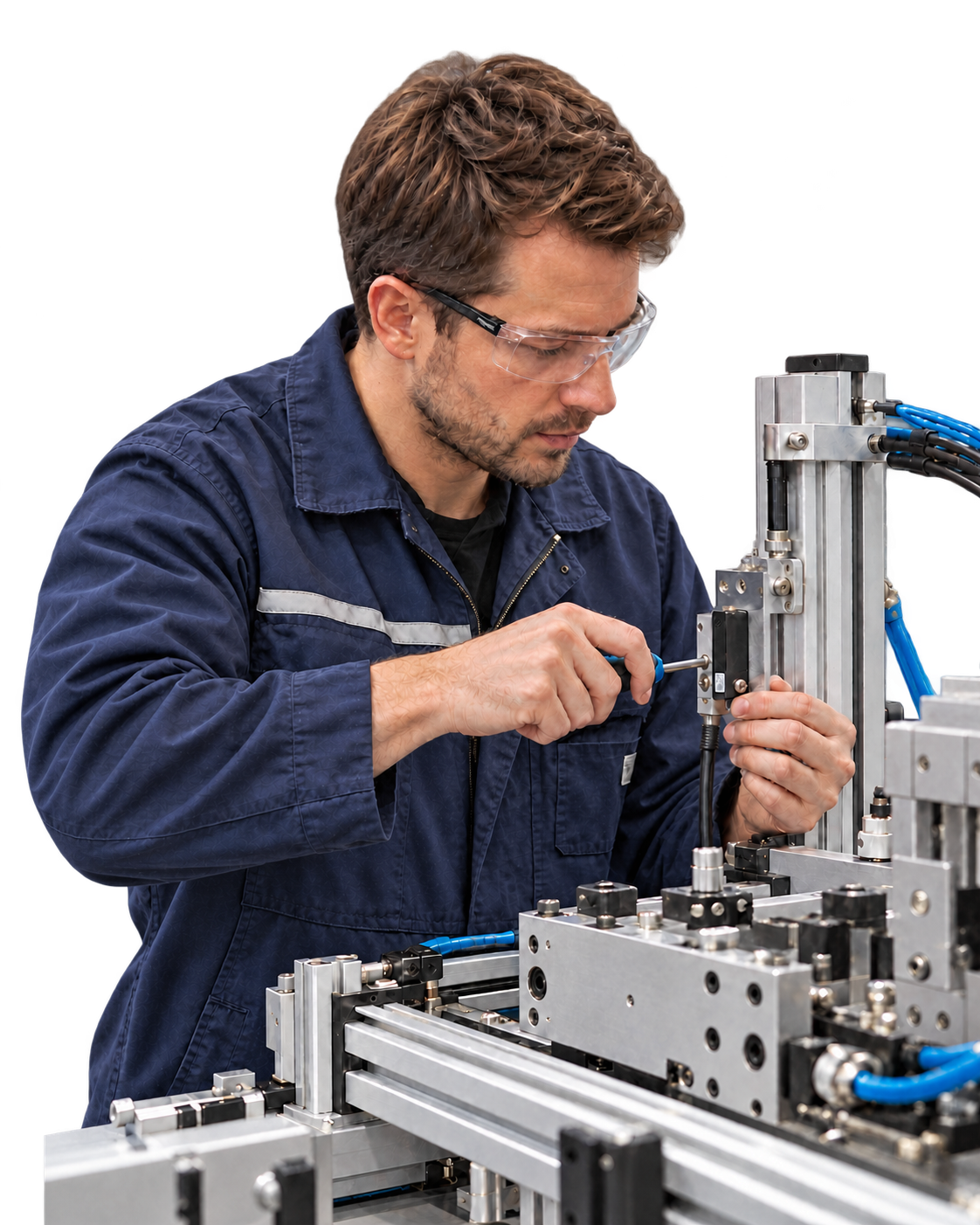 Representative mechanical engineer adjusting a fixture at a workbench