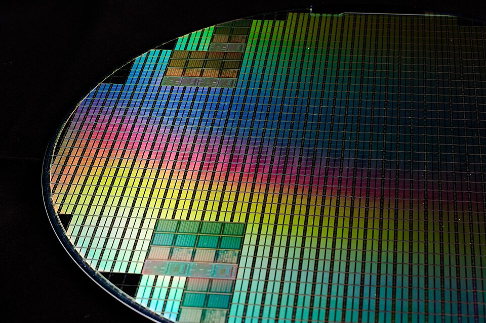 A patterned silicon wafer with visible dies and diffraction colors.