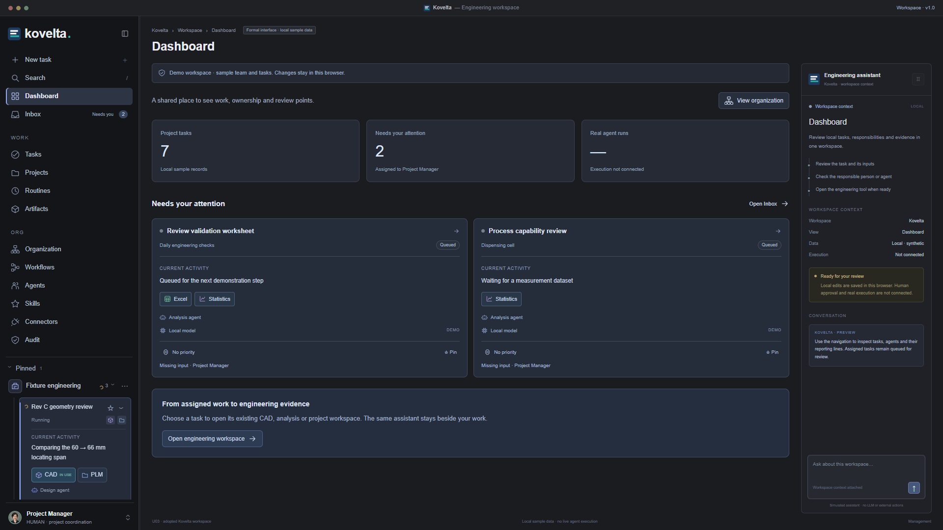Kovelta dashboard workspace